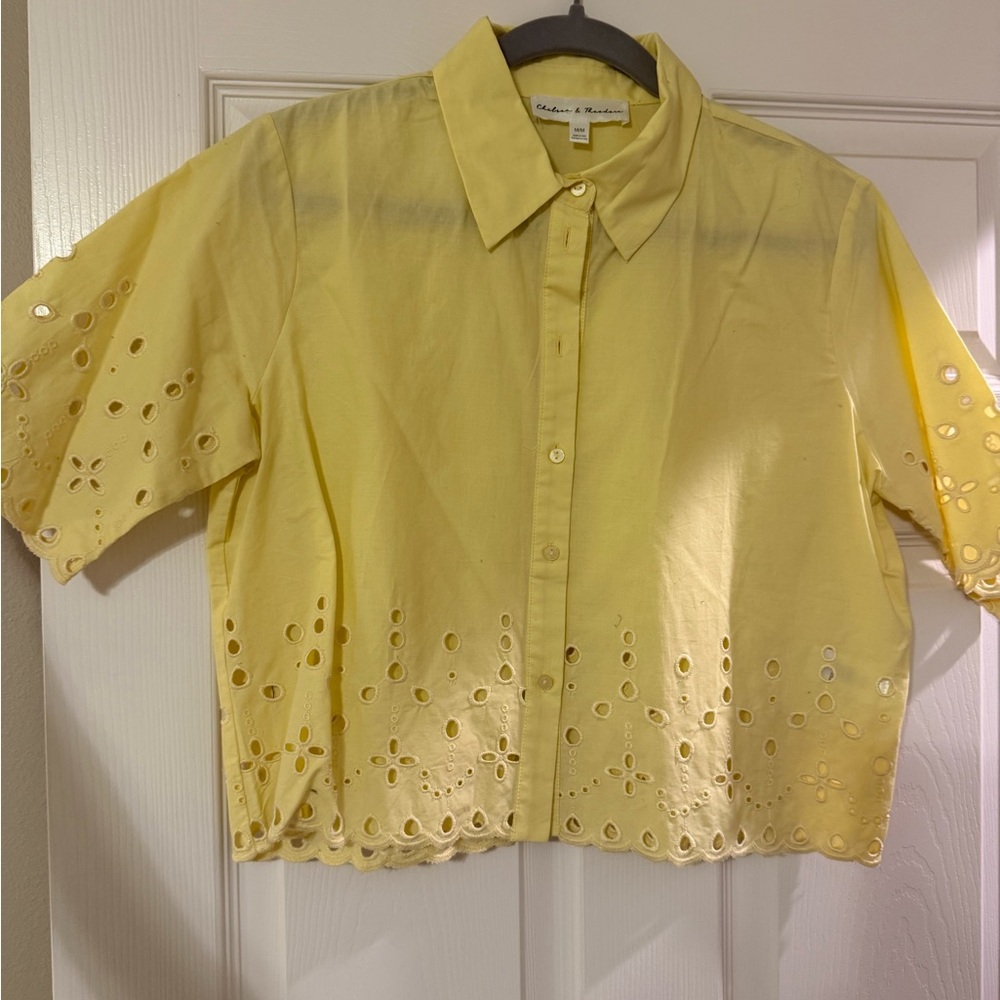 Nordstrom Yellow Eyelet Cropped Button-Up Shirt